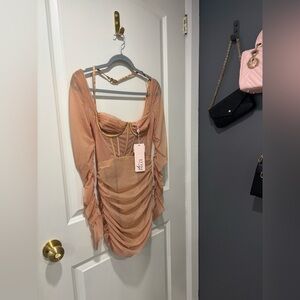 Oh Polly Long Sleeve Mini Dress in Honey